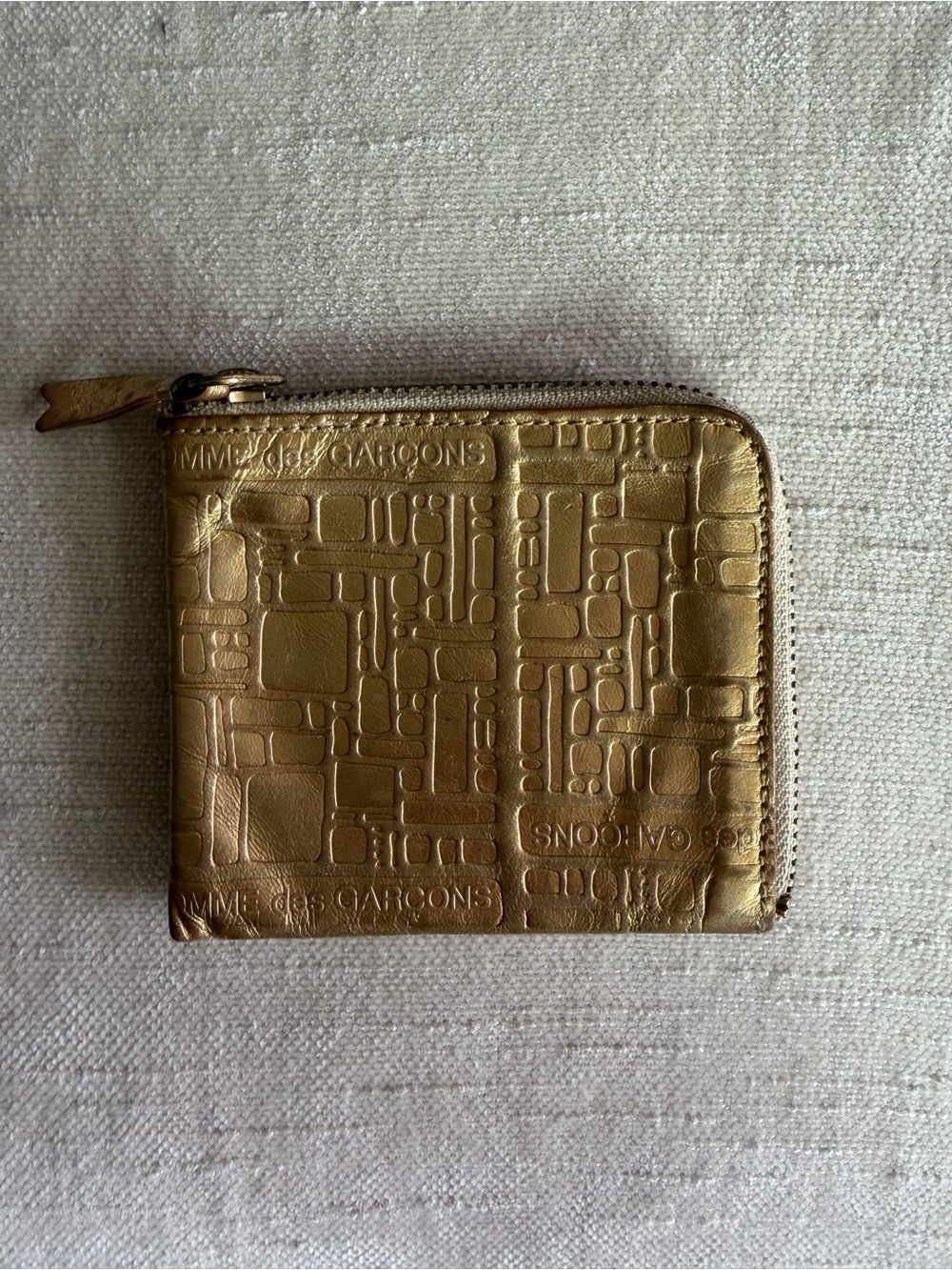 Comme des Garçons Metallic Gold Embossed Leather Zip Card Holder